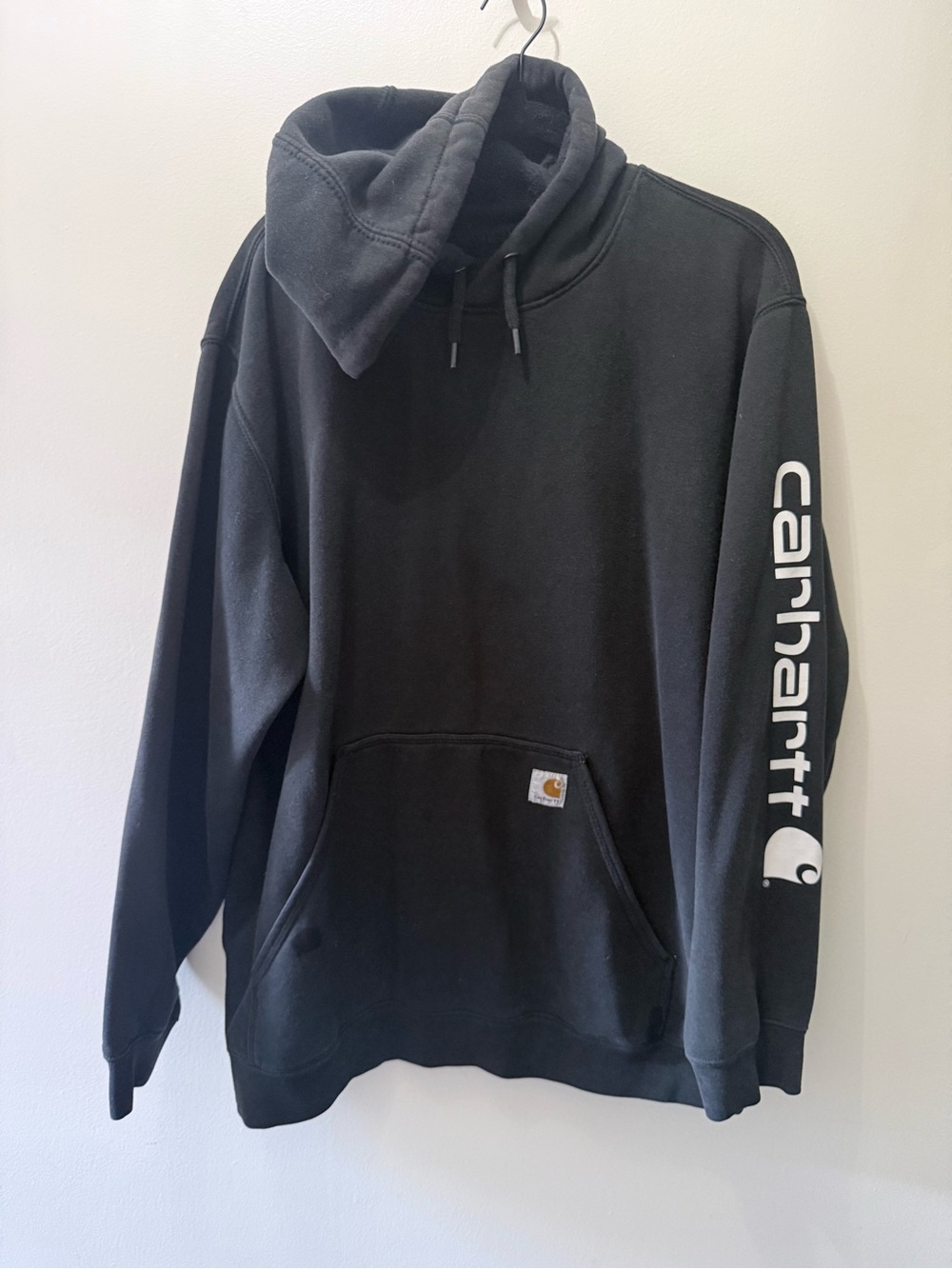 Carhartt Black Hoodie Sweatshirt Workwear White Spell out Mens XL Loose Fit
